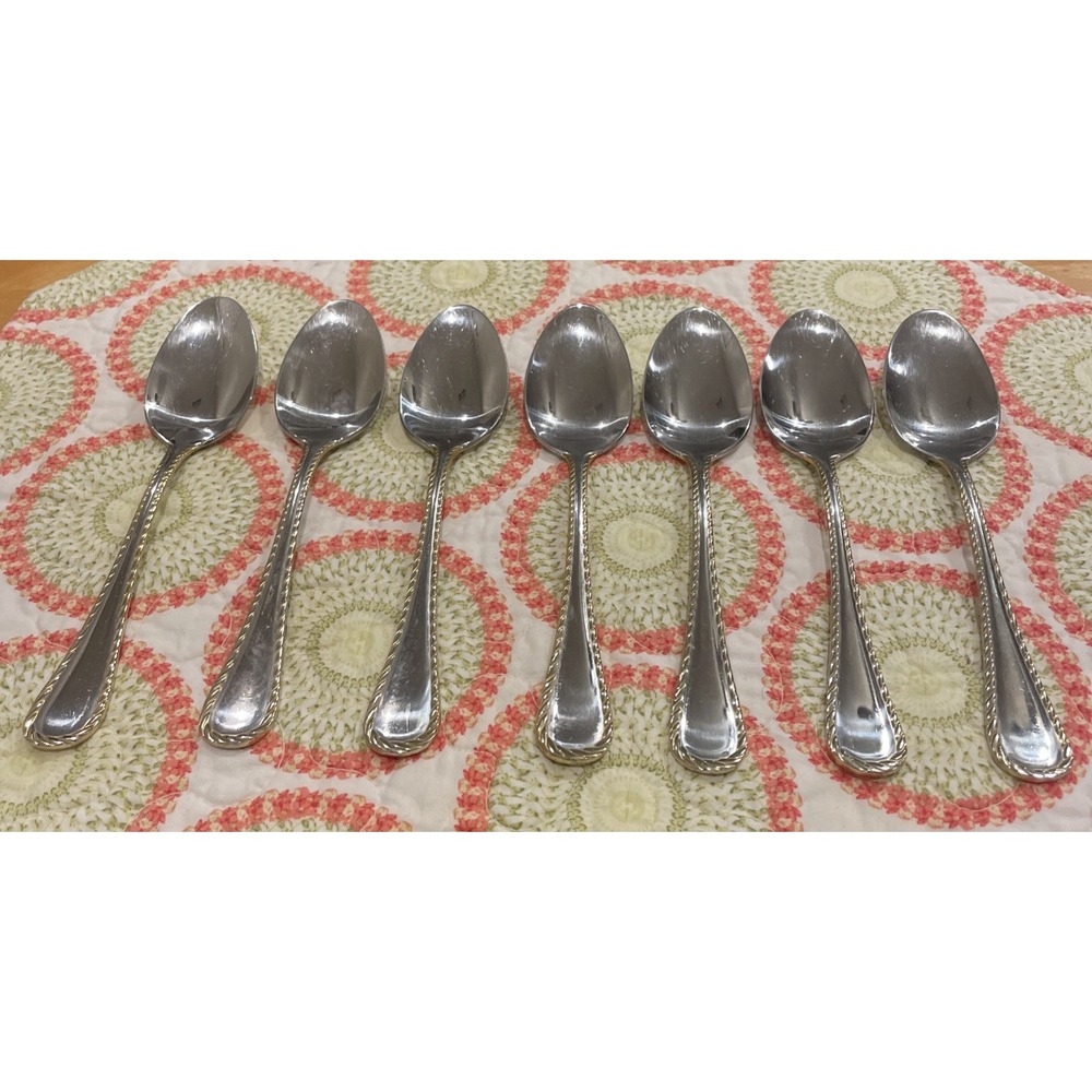 Oneida Golden Belmont Stainless Rope Edge Gold Oval Soup Spoons Set‎ Of 7 VTG